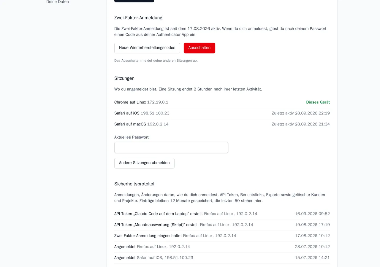 Die Sicherheitseinstellungen: Zwei-Faktor-Anmeldung eingeschaltet, die angemeldeten Geräte und der Anfang des Sicherheitsprotokolls.