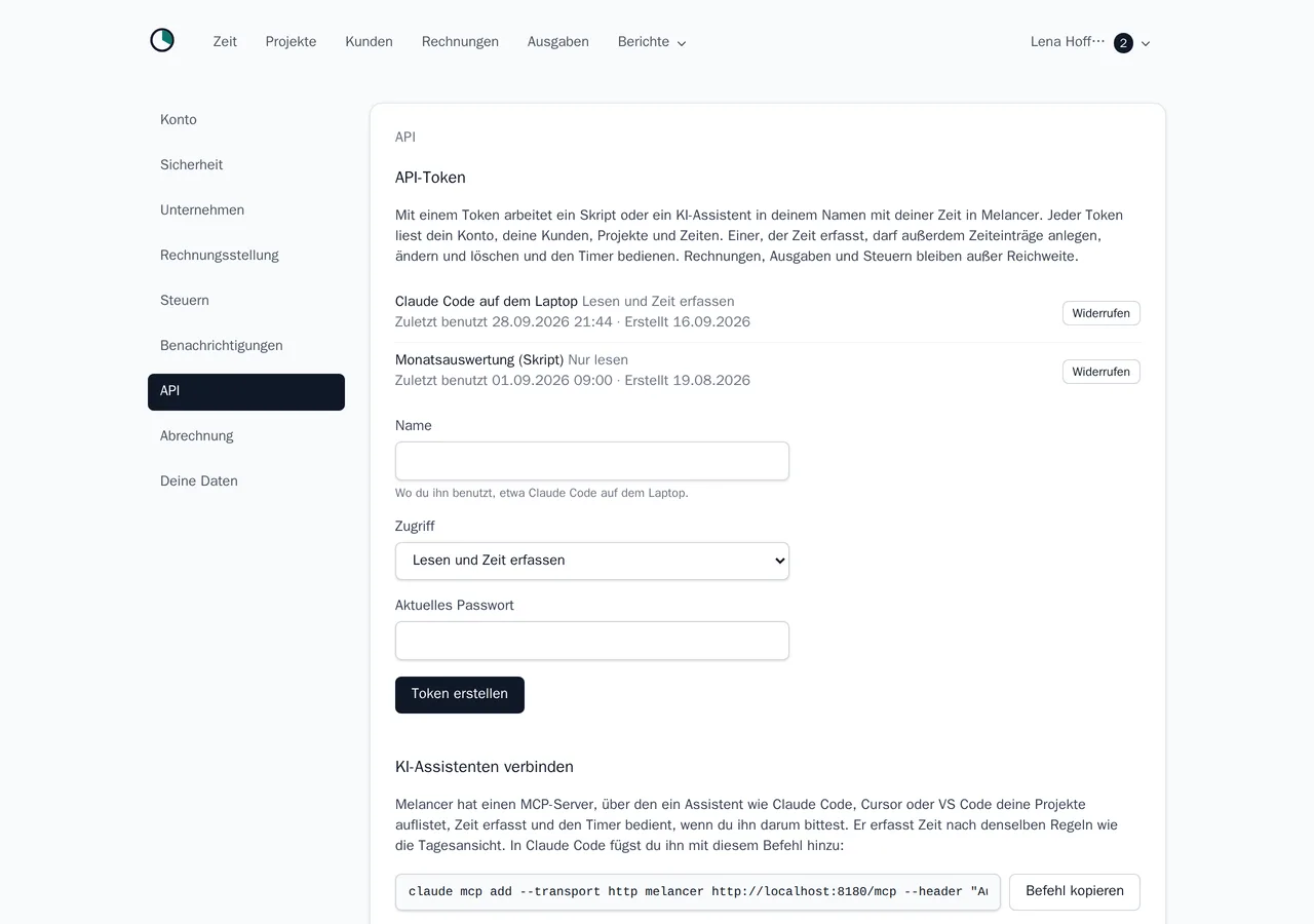 Die API-Einstellungen in melancer: zwei Token mit ihrem Zugriff und ihrer letzten Nutzung, das Formular für einen neuen und der Befehl, der Claude Code mit dem MCP-Server verbindet.