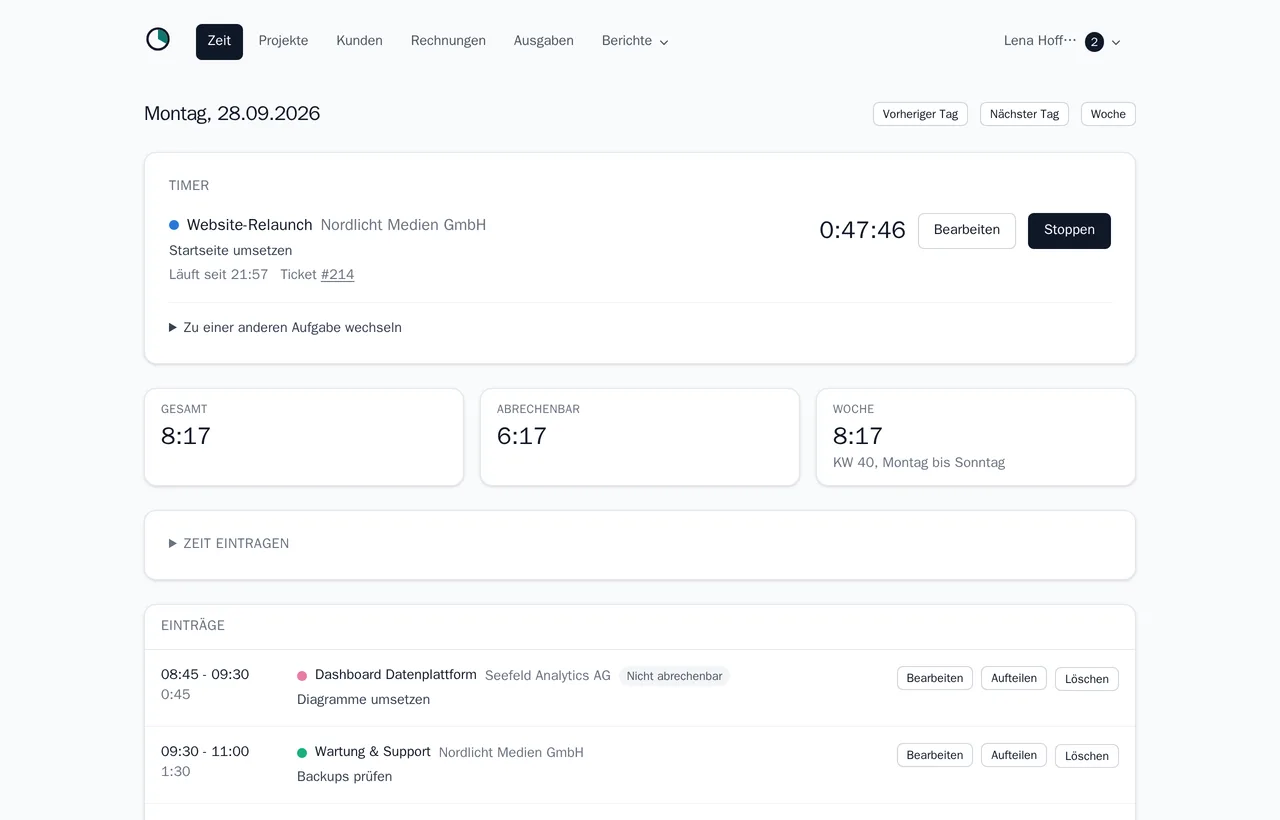 Die Tagesansicht in melancer: der laufende Timer im Projekt Website-Relaunch, die Stunden des Tages gesamt und abrechenbar, und die Einträge des Tages.