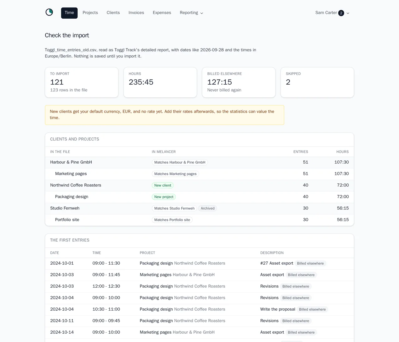 The import preview in melancer: a Toggl Track export with the clients and projects it matches or creates, the hours already billed elsewhere, and the rows it skips with the reason for each.