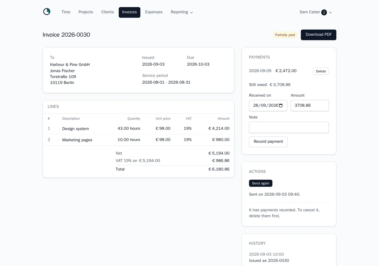 An invoice in melancer marked partially paid: the client, the lines with hours and rate, the totals with VAT, the payment recorded, and when it was sent.