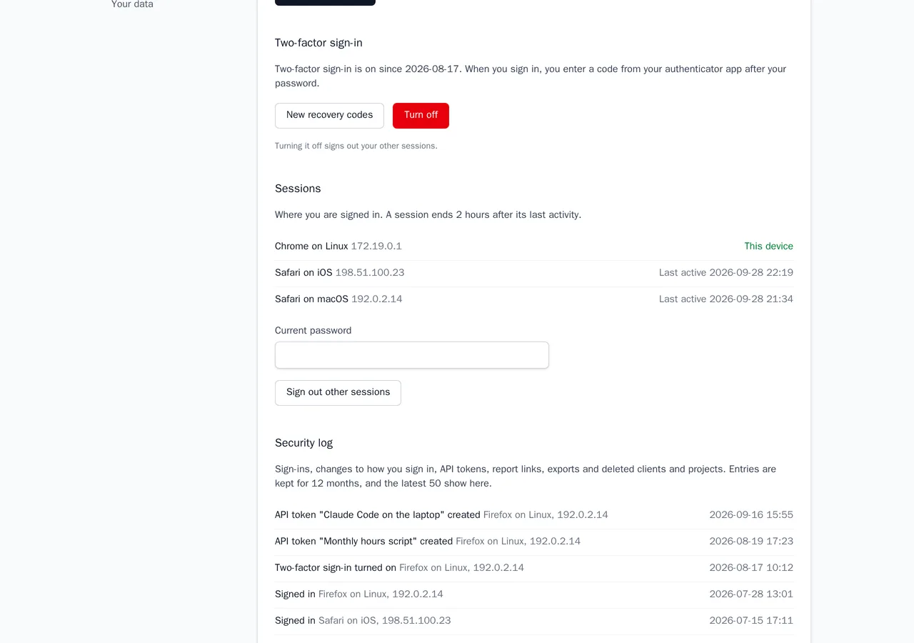 The security settings: two-factor sign-in switched on, the signed-in devices, and the start of the security log.