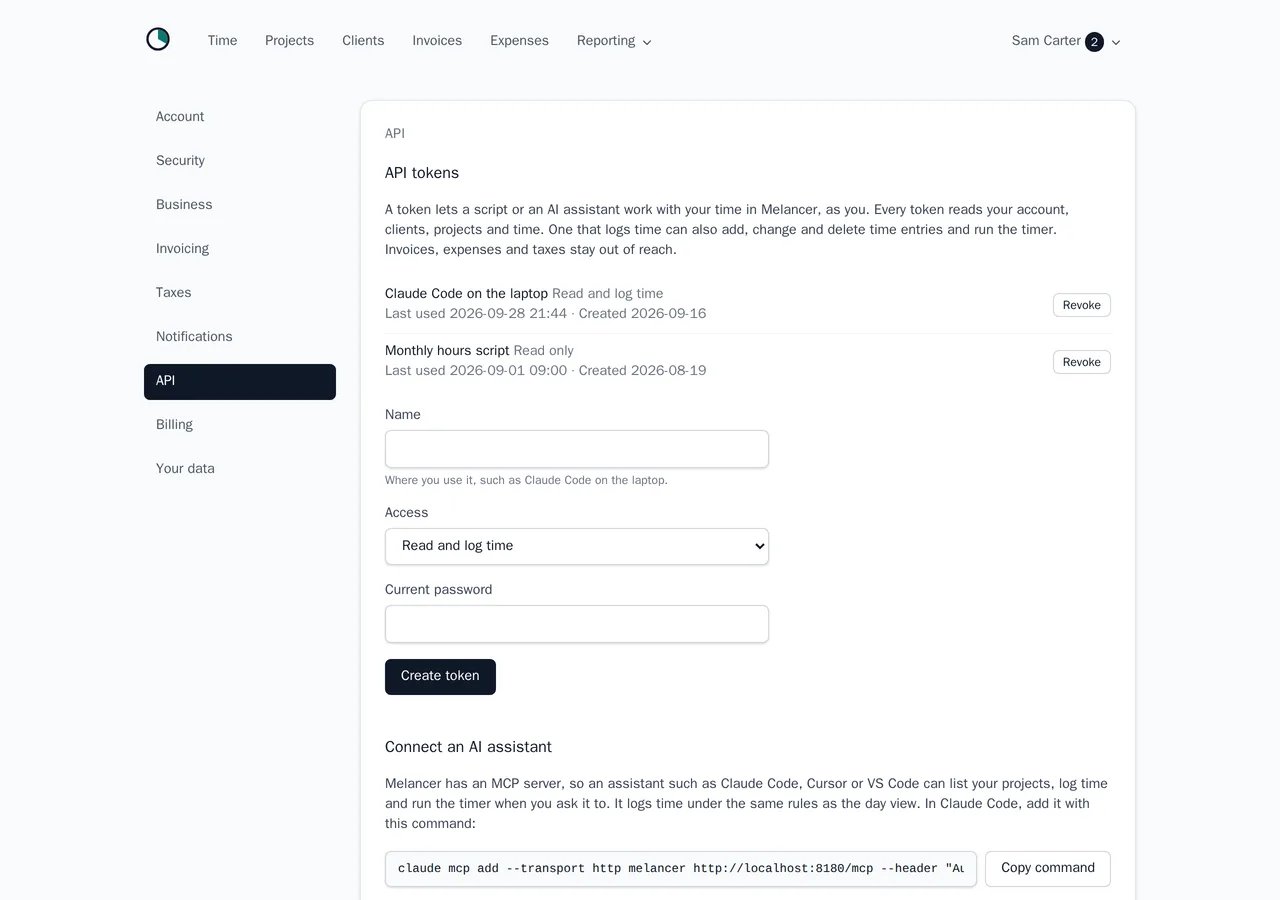 The API settings in melancer: two tokens with their access and last use, the form for a new one, and the command that connects Claude Code to the MCP server.