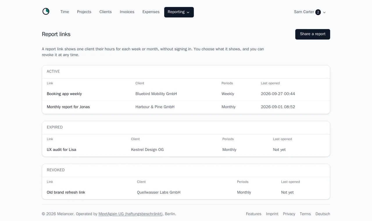 The list of report links with their client, period and state: active, expired or revoked.