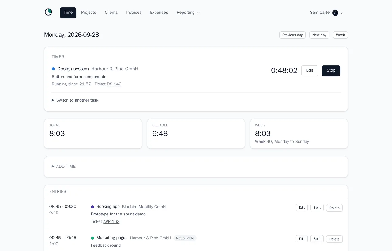 The day view in melancer: the running timer on the Design system project, today's total and billable hours, and the list of today's entries.